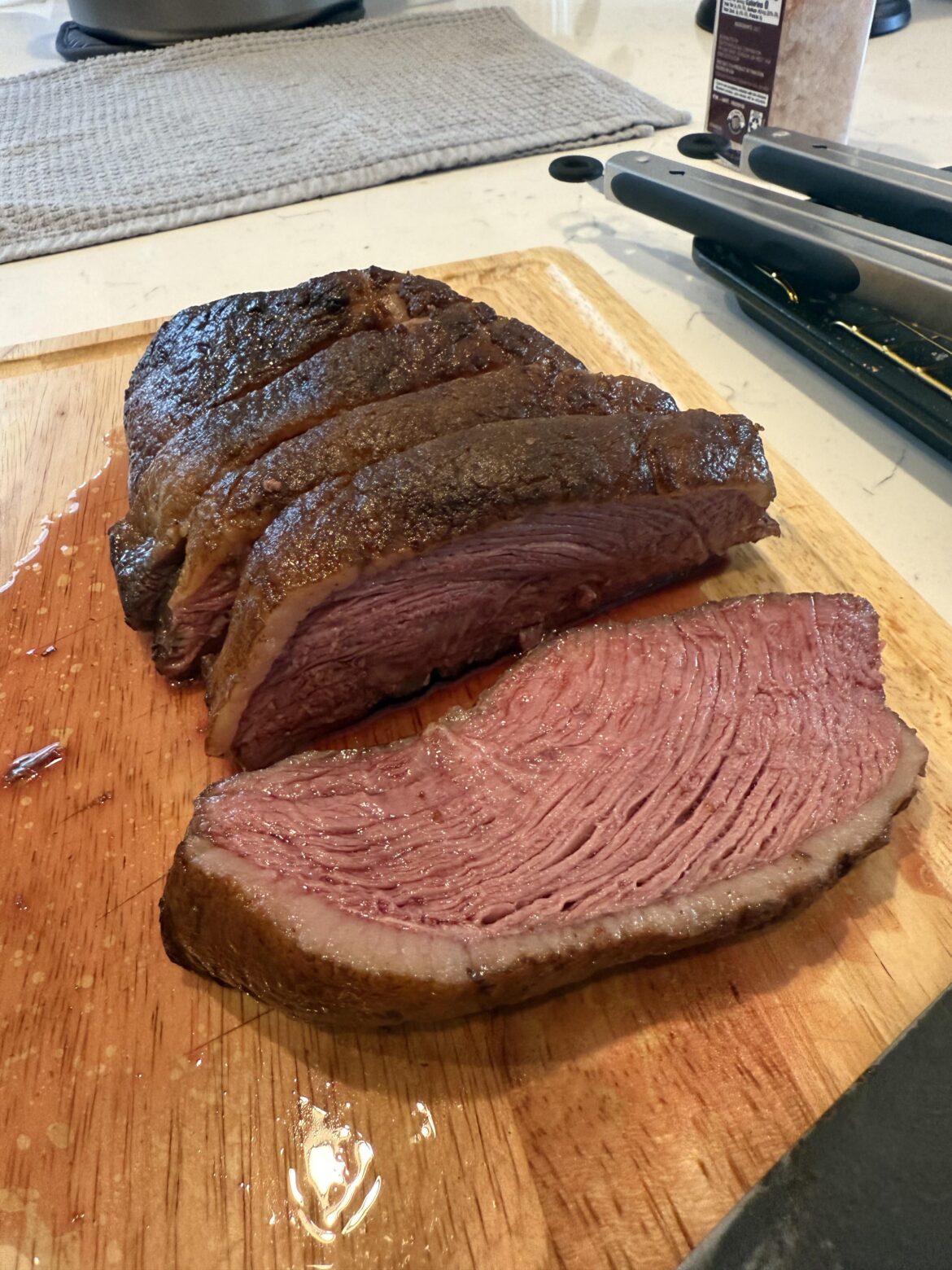 Picanha for 3 hours at 129F. Finished on the cast iron.