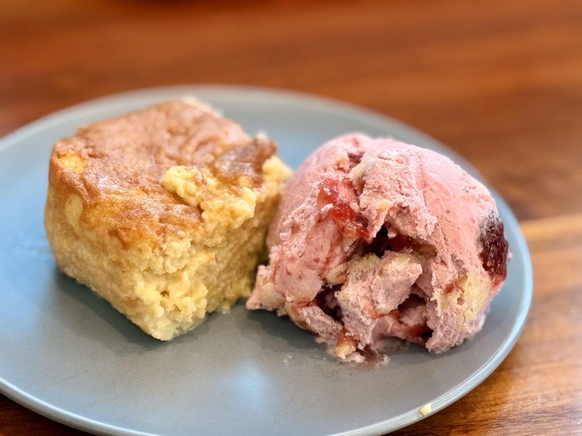 Strawberry Tres Leches Cake ice cream & slice of the gluten free tres leches cake