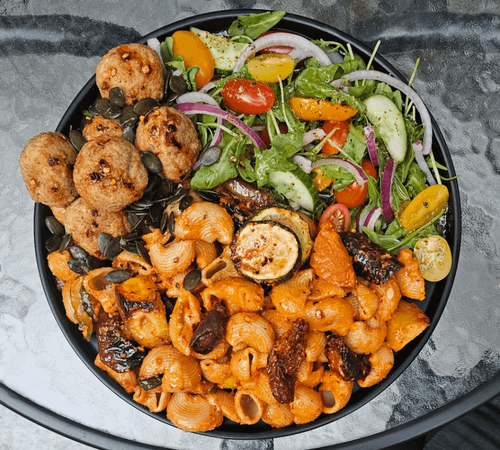 Pepper Pesto, and Grolled Veg Pasta, with Falafel and Salad.