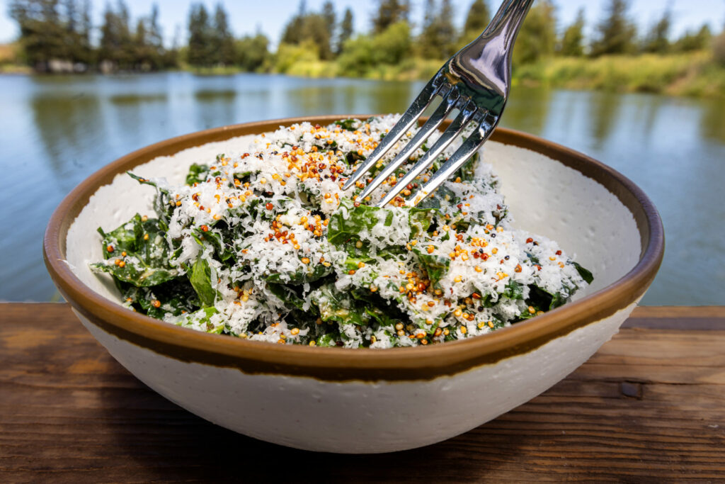 Kale Salad with lemon, garlic, parmesan and crispy quinoa from the Waterhawk Lake Club Thursday, August 14, 2025, in Rohnert Park. (John Burgess / The Press Democrat)