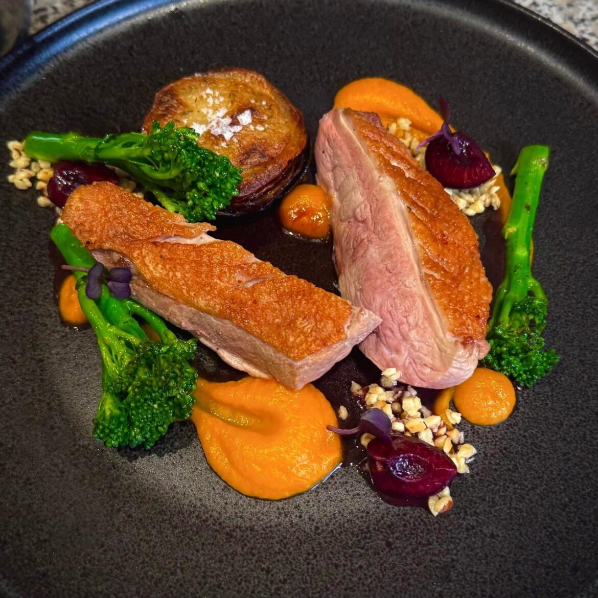 Duck Breast + Potato Stack + Squash Puree + Cherry Port Jus + Hazelnut Duck Breast + Potato Stack + Squash Puree + Cherry Port Jus + Hazelnut