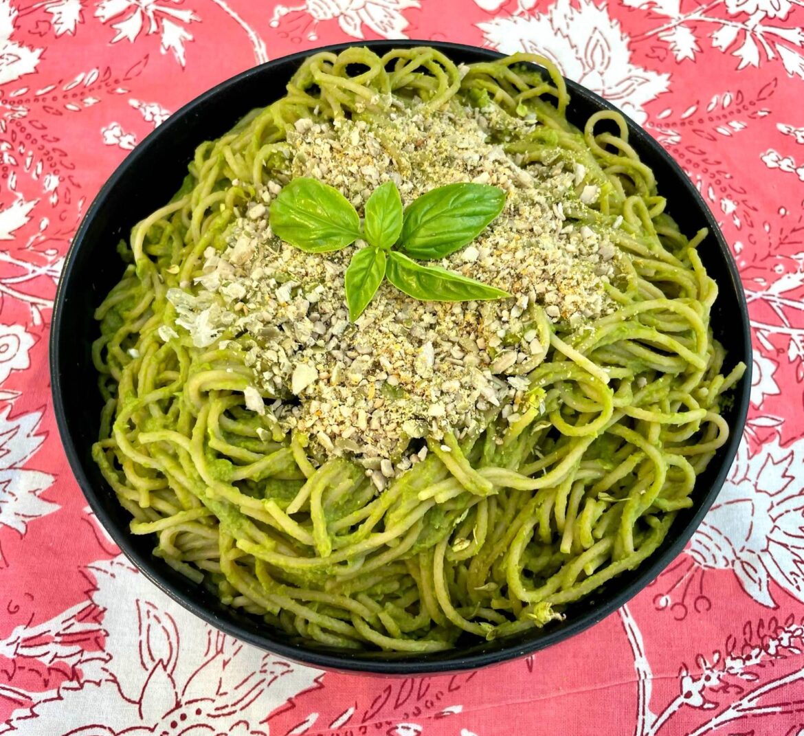 Arugula Basil Pea Pesto Pasta with Crunchy Topping ~ Oil-Free