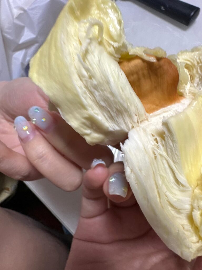 Durian from Thailand, weird looking, kind of smelly, but surprisingly sweet and creamy to eat.