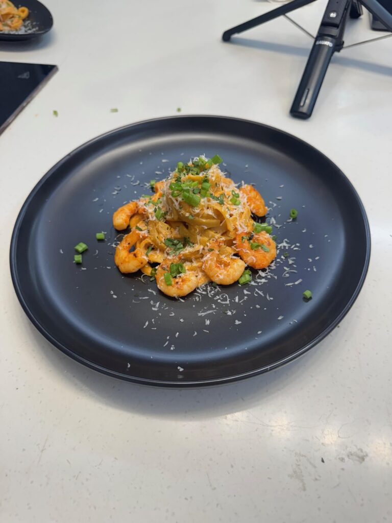 Gochujang Miso Carbonara with Perilla-Smoked Grilled Shrimp