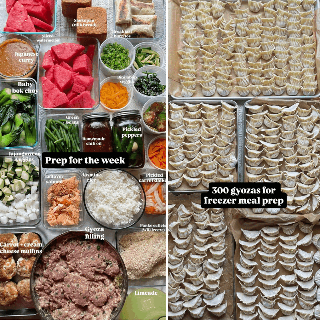 Last week's ingredient prep for our meals + all of the gyozas I wrapped for freezer prep