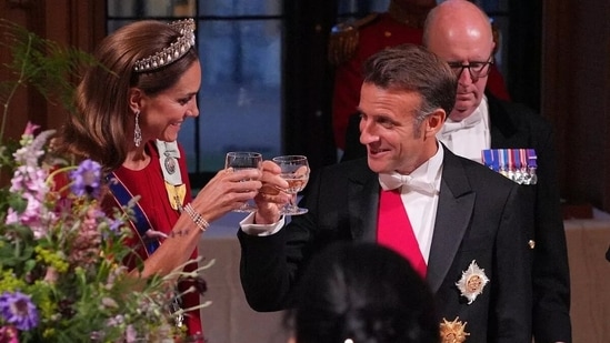 Kate raises a toast with Macron as French President caught winking at the Princess of Wales as the two sat side by side at a star-studded stage banquet, as per Mirror.