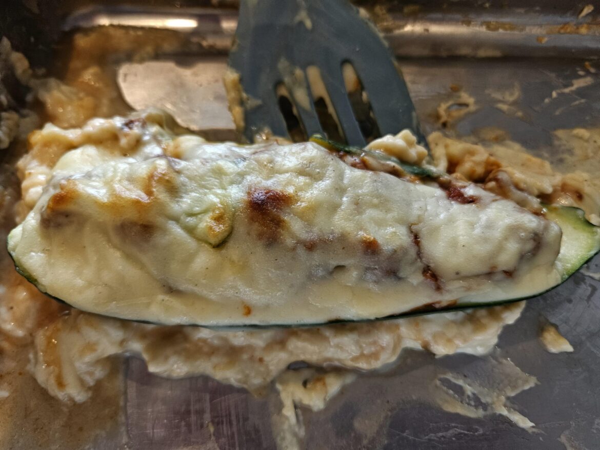 Forgot to take a pic of my zucchini stuffed with Bolognese sauce and topped with Bechamel when it was nicely plated. So here's the last one that my oldest will have when he gets home from training...