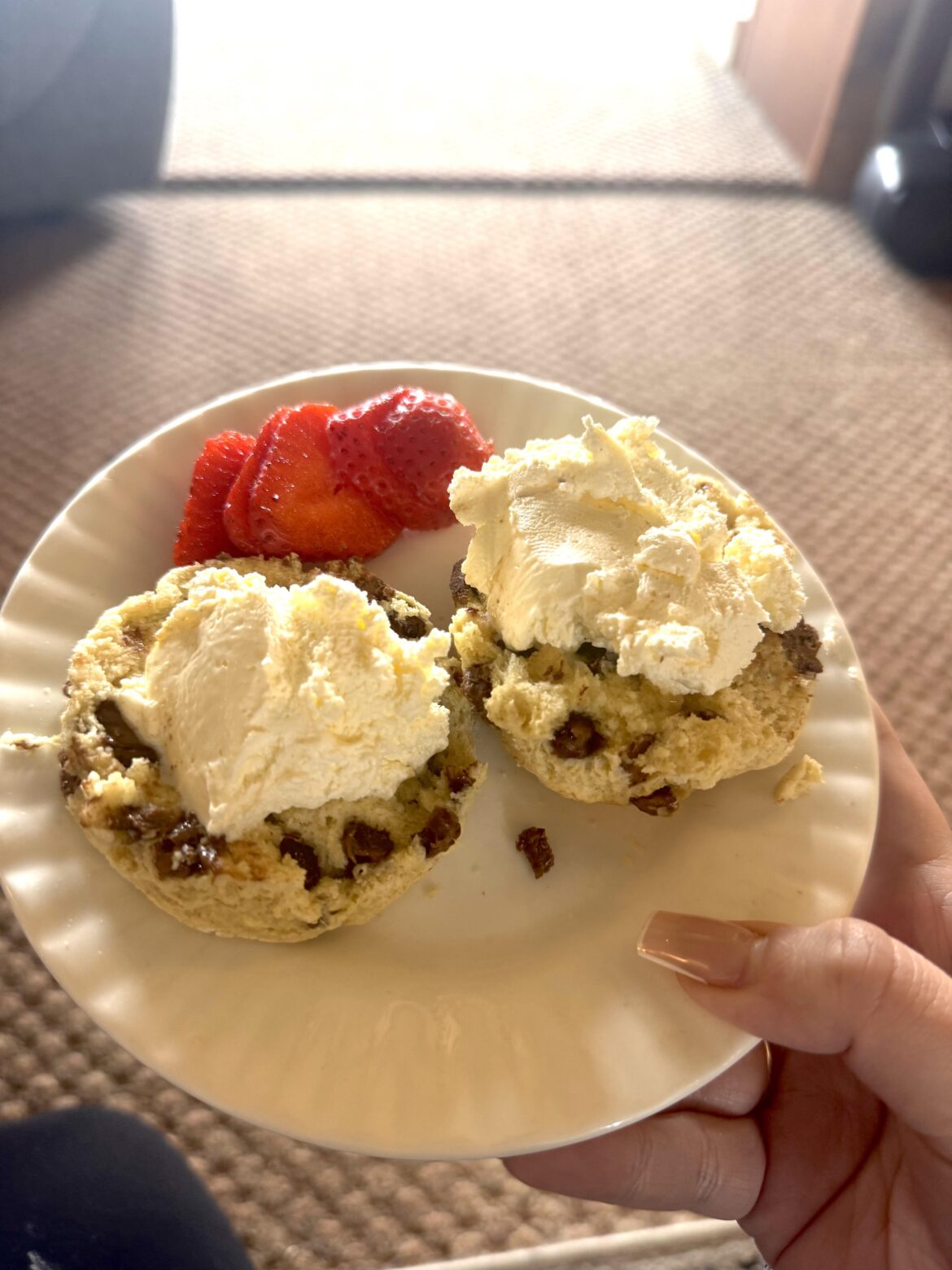 Chocolate chip scones with whipped cream & strawbs