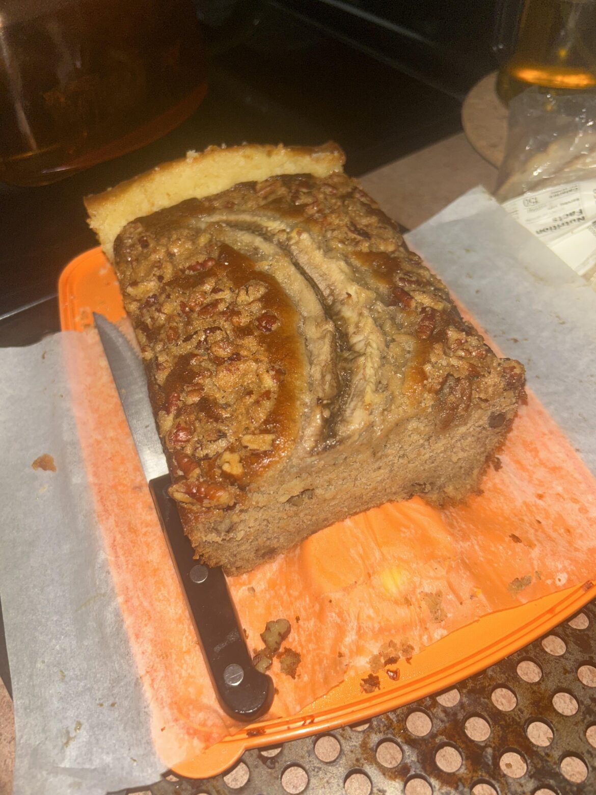 banana nut bread with caramalized pecans