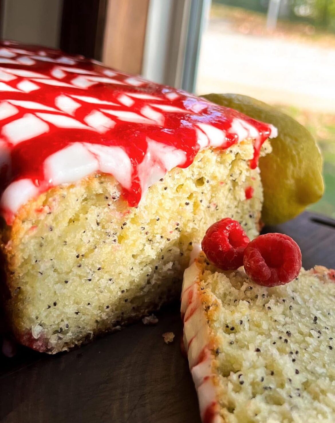 Lemon Poppy Seed Cake with Raspberry and Lemon Glaze