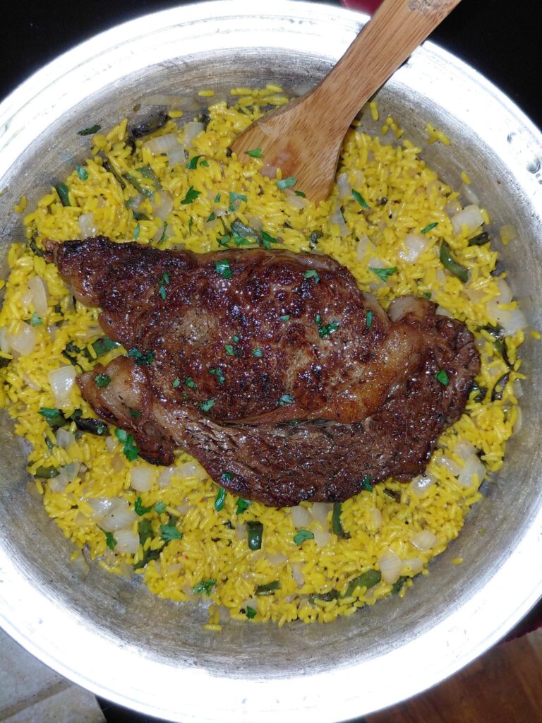 ribeye pulled off at 130 and served with rice. Steak was on sale so everything in pic totaled up less than the price of a big mac combo and will last me two days.