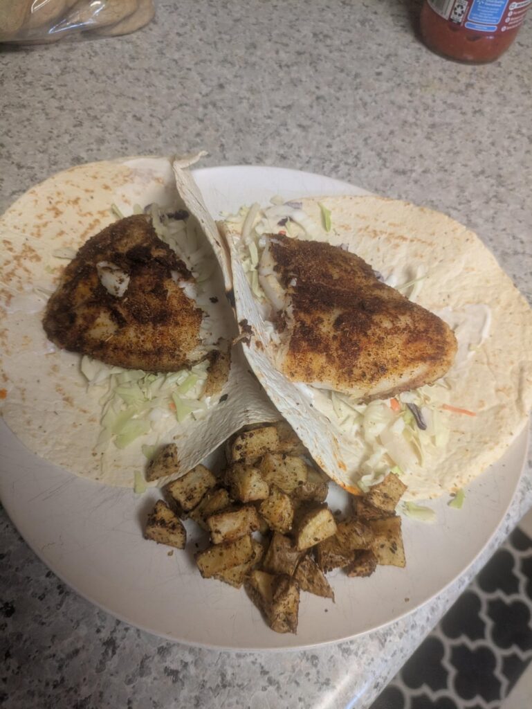 Tilapia tacos and potatoes 353 calories