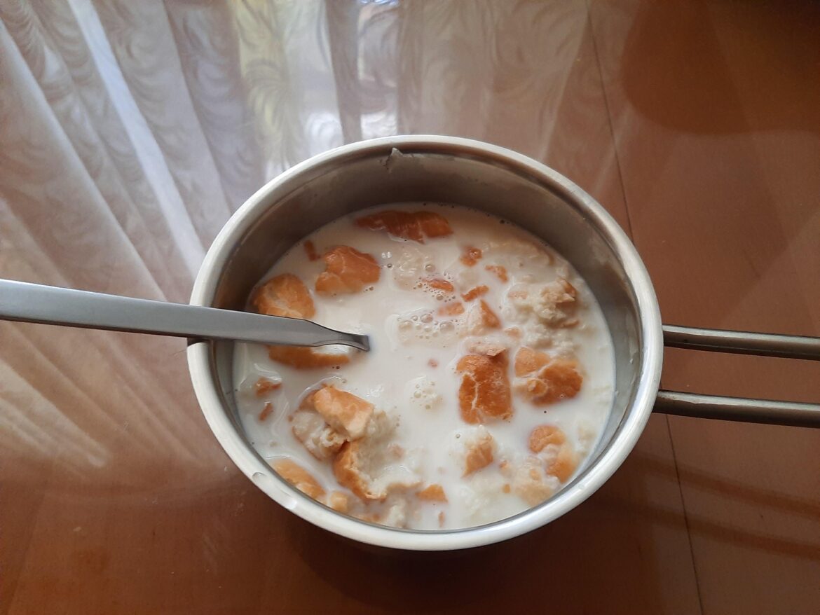 Today's dinner ~ stale bread, dumped into lukewarm milk.