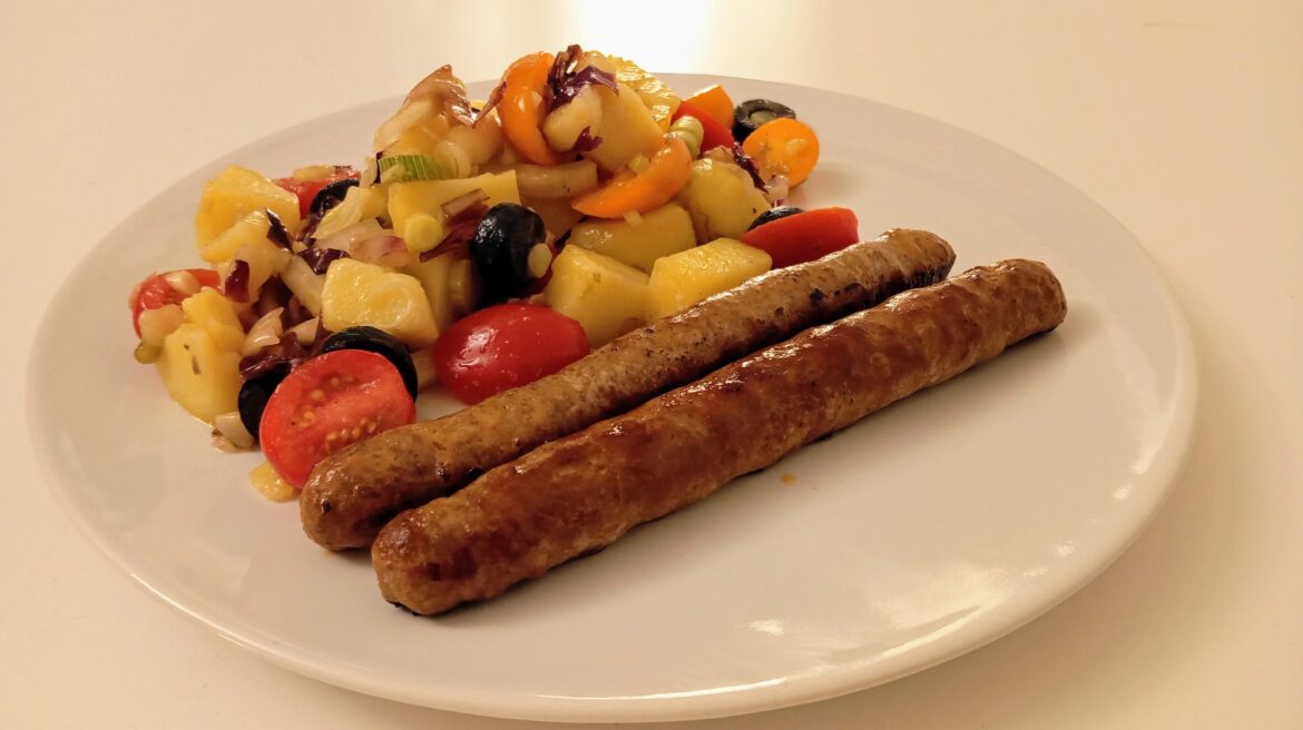 Fridge raid potato salad and merguez sausages
