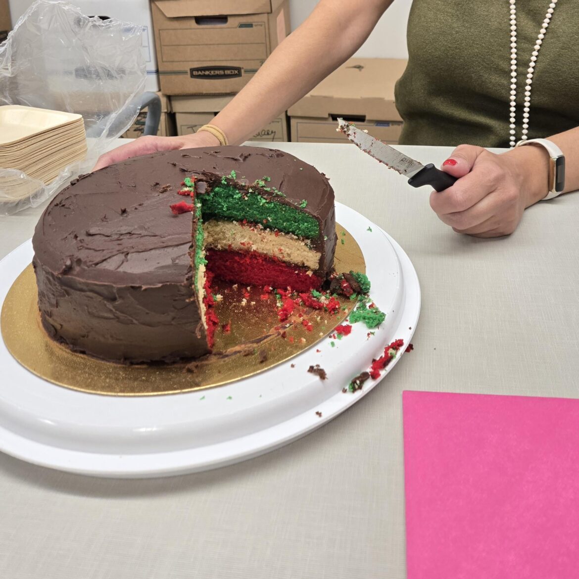 I made my co-worker's favorite Italian rainbow cookie as a cake for her bday.