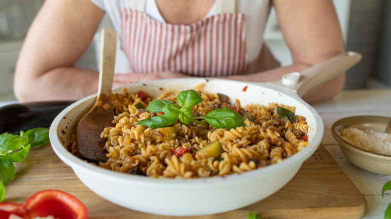 large bowl of gluten-free pasta in pan