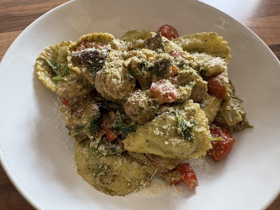 Sausage and Girasole pasta in a creamy pesto sauce