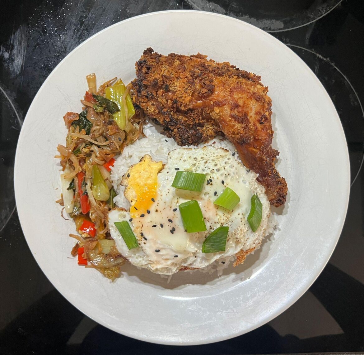 Salt and pepper chicken legs with rice