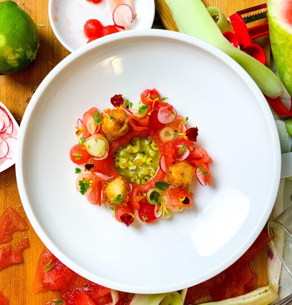 Watermelon and feta salad, lemon spheres, mint oil