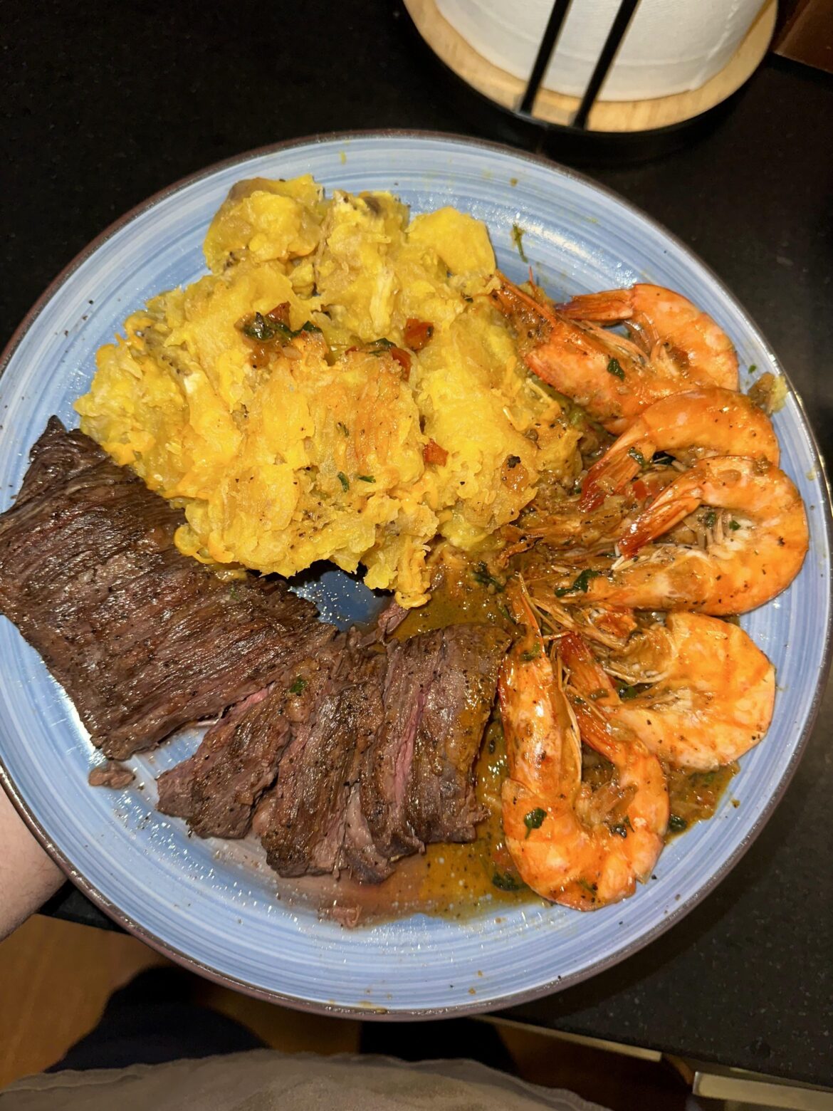shrimp, skirt steak and mashed yellow plantains at 3am.