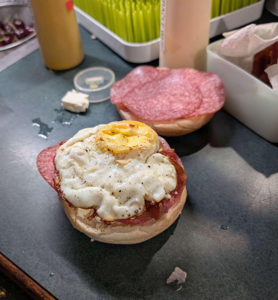 Salami, bacon, feta cheese sammich needed something extra...