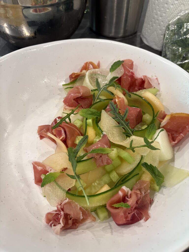Cucumber and melon salad with prosciutto.