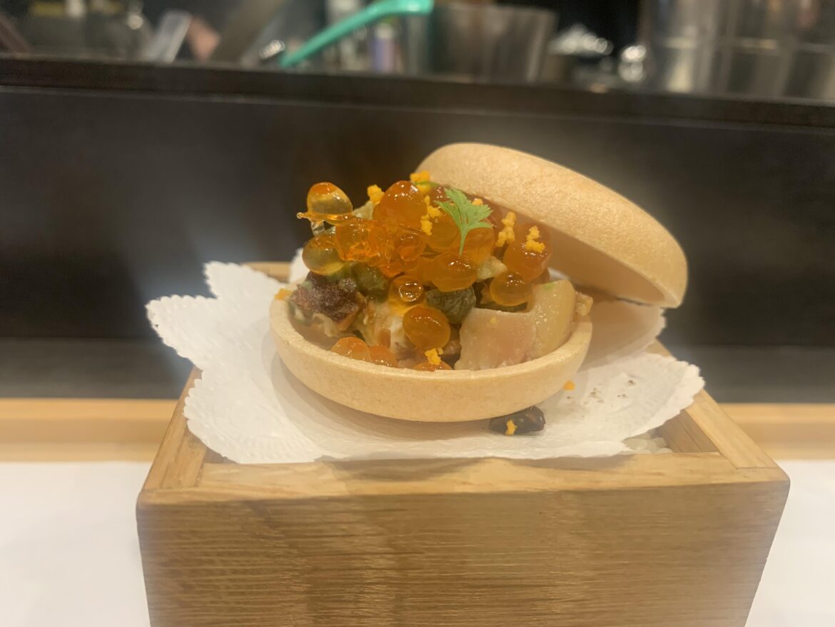 Monaka filled with seafood