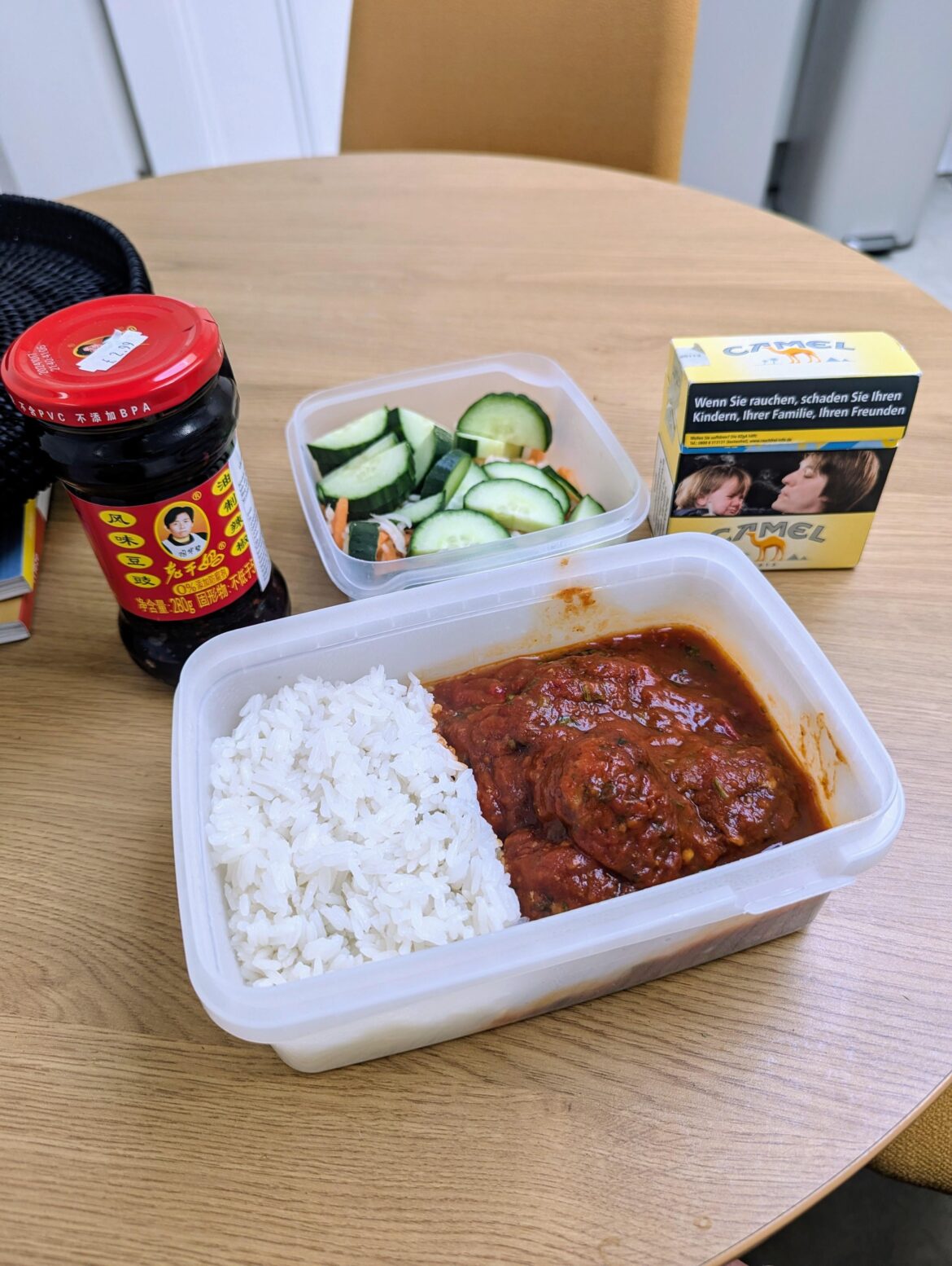 Packed lunch: Xiu Mai (Vietnamese meatballs), pickled daikon, carrot and cucumber, jasmine rice, black bean Lao Gan Ma, 56 Camel Yellow