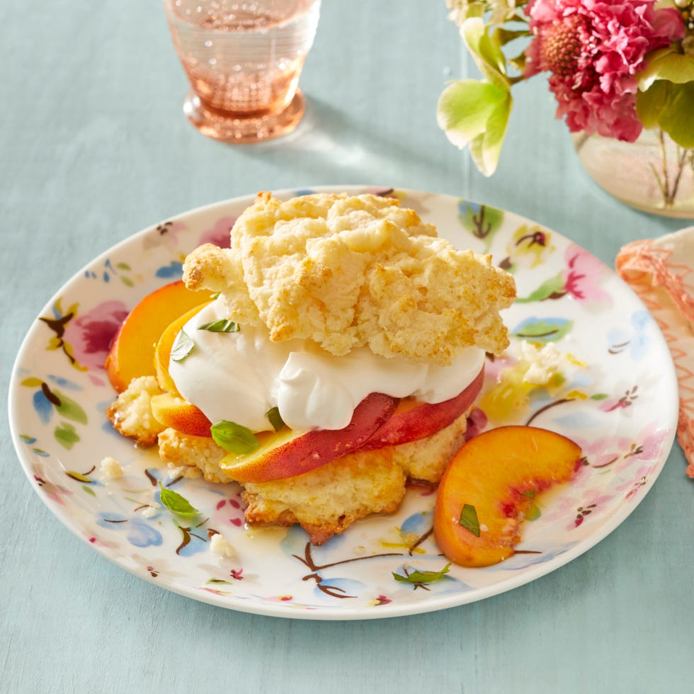 peaches and cream shortcakes with basil dessert