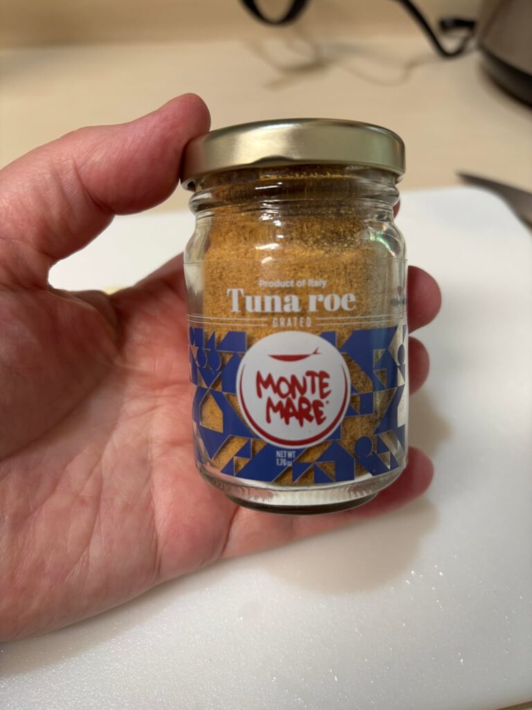 Monte Mare brand Bottarga (Dried Grated Tuna Roe) over Pasta dressed with a Fresh  Parsley and Garlic Sauce