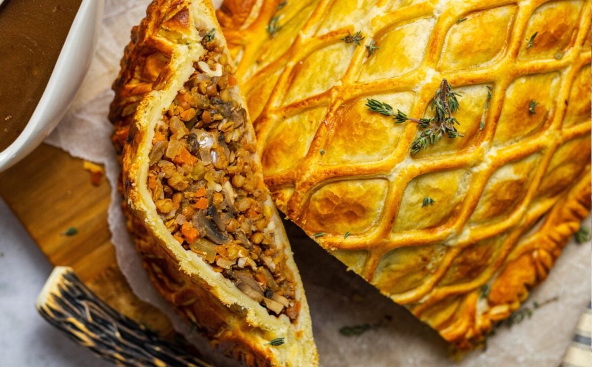 A vegan lentil and mushroom wellington