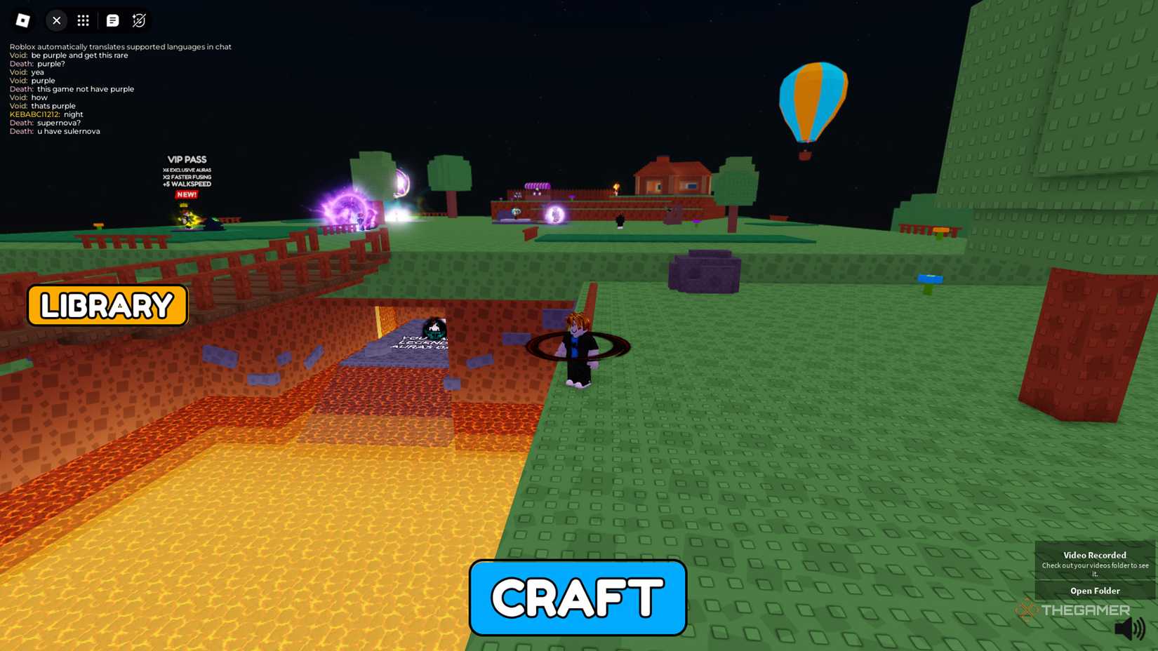 Player is looking legendary aura craft area that is located beyond the lava pool in Roblox - Aura Craft.