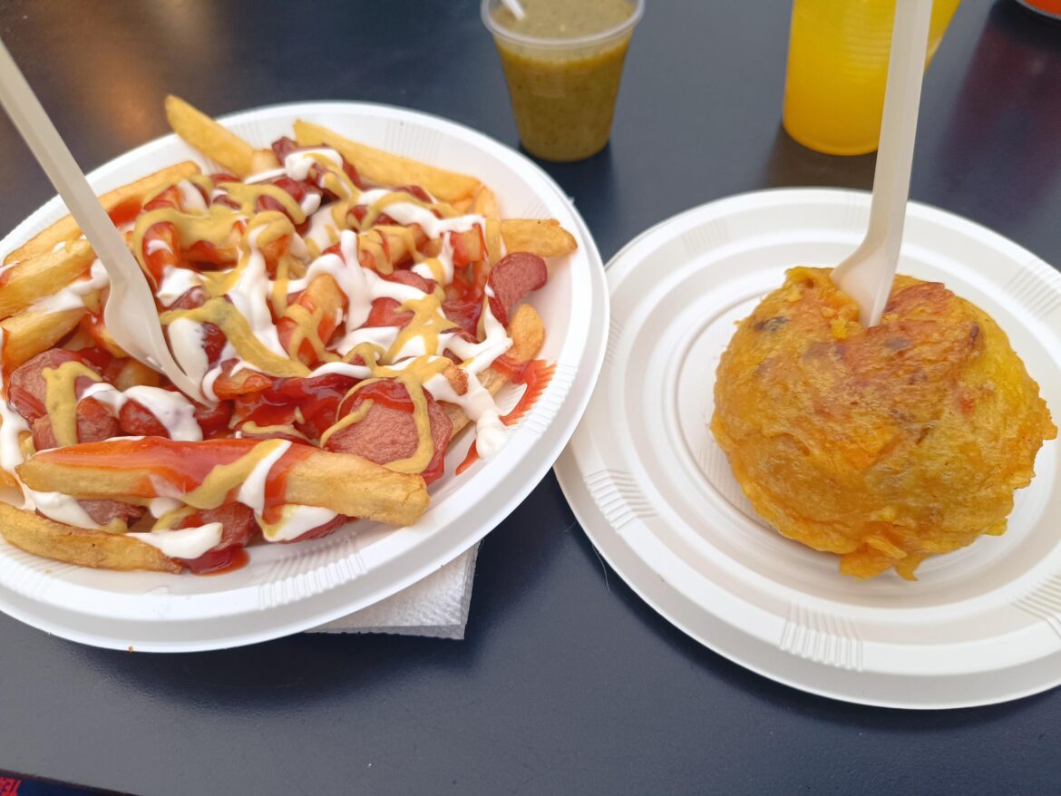 Salchipapa and Stuffed potato with aji salsa, Murcia Spain