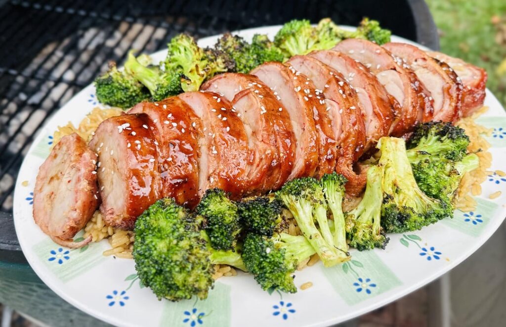 Bacon Wrapped Honey Teriyaki Pork Tenderloin with Fried Rice and Grilled Broccoli