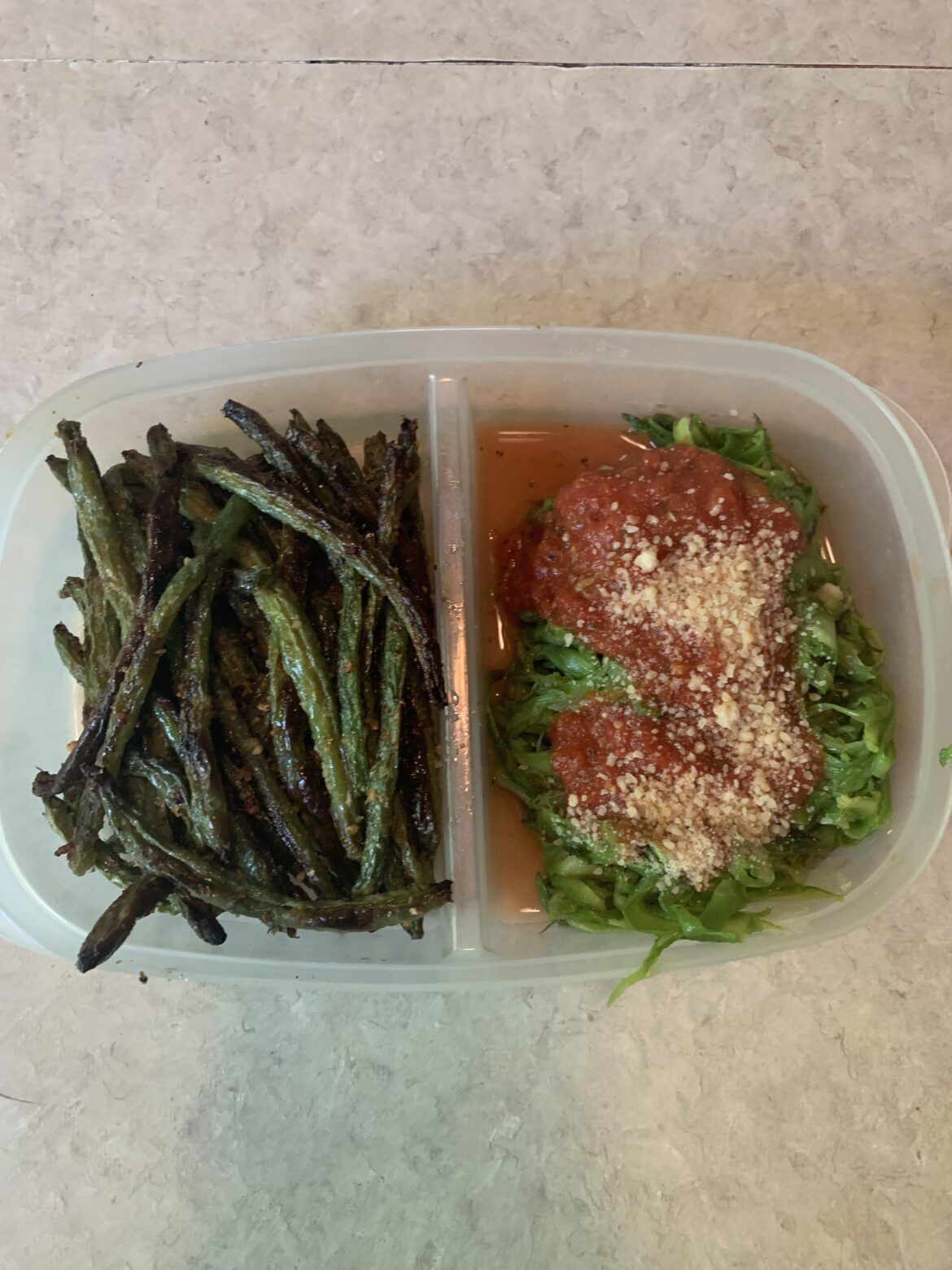 245 calorie dinner— asparagus “pasta” and crispy green beans