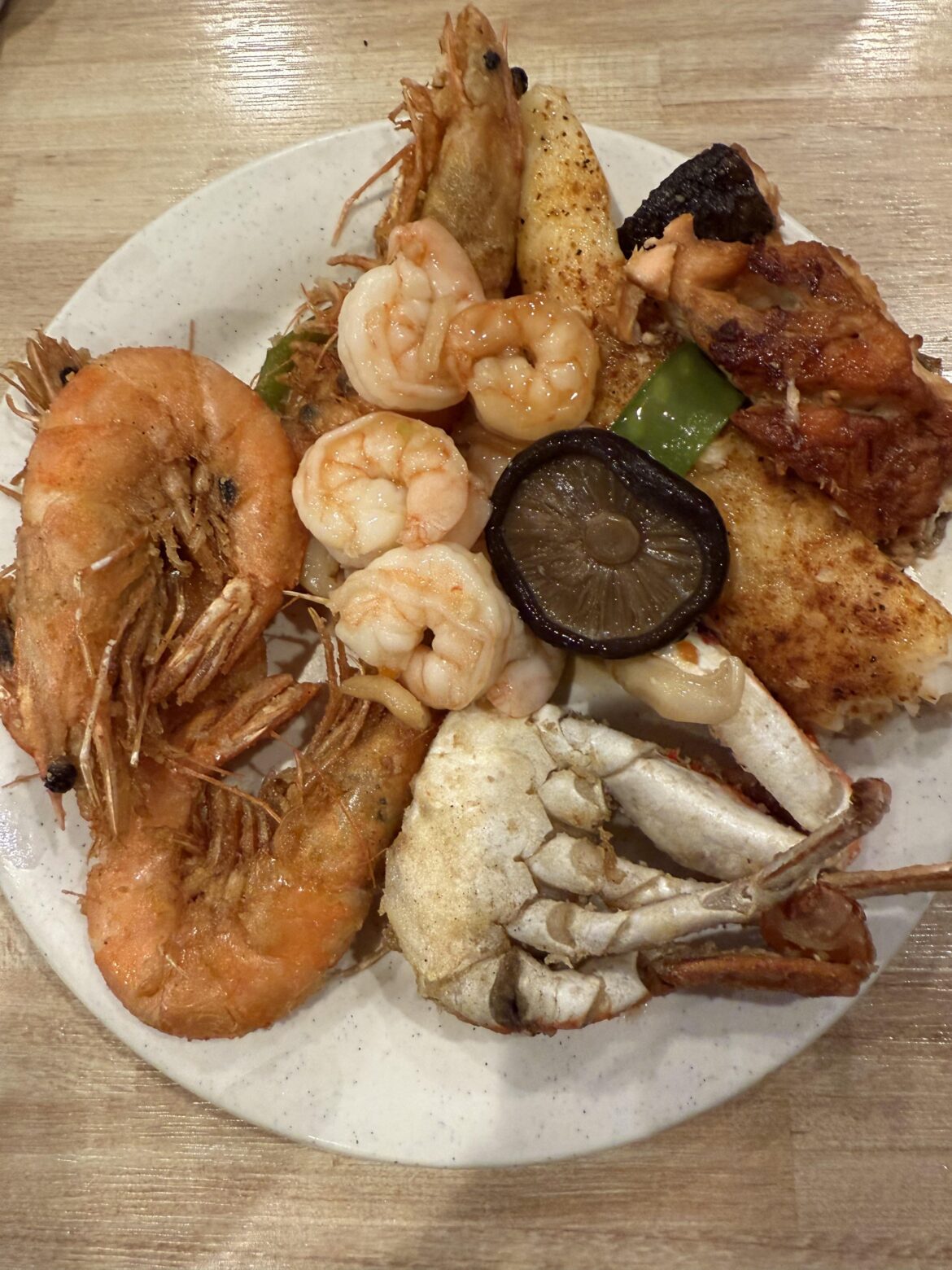 Steamed Crab, grilled shrimp,sautéd shrimp, fried silver trout, grilled salmon, with grilled mushrooms