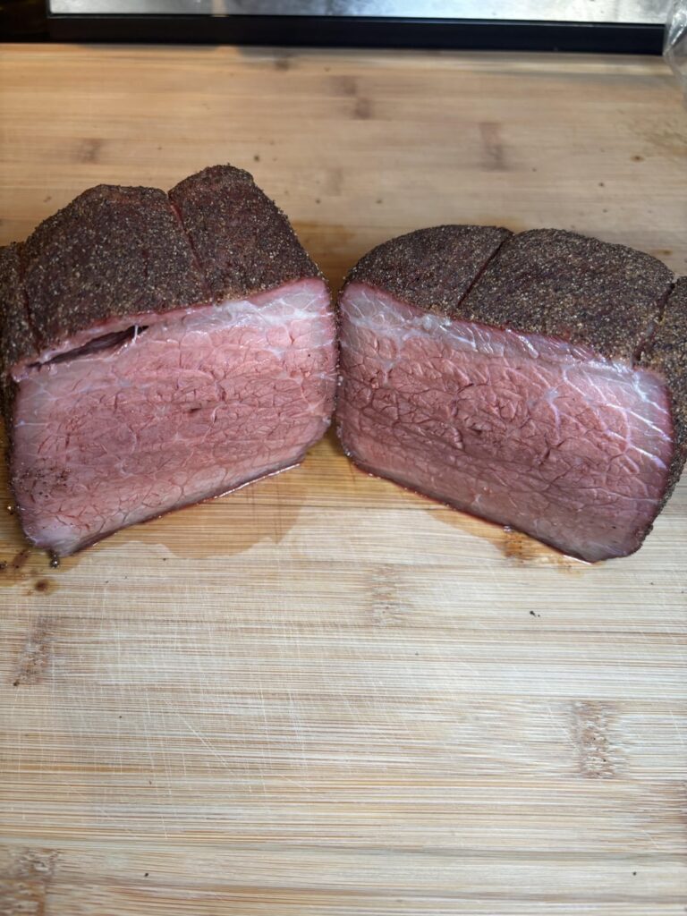 Smoked bottom round, sliced thin for roast beef. Delicious!