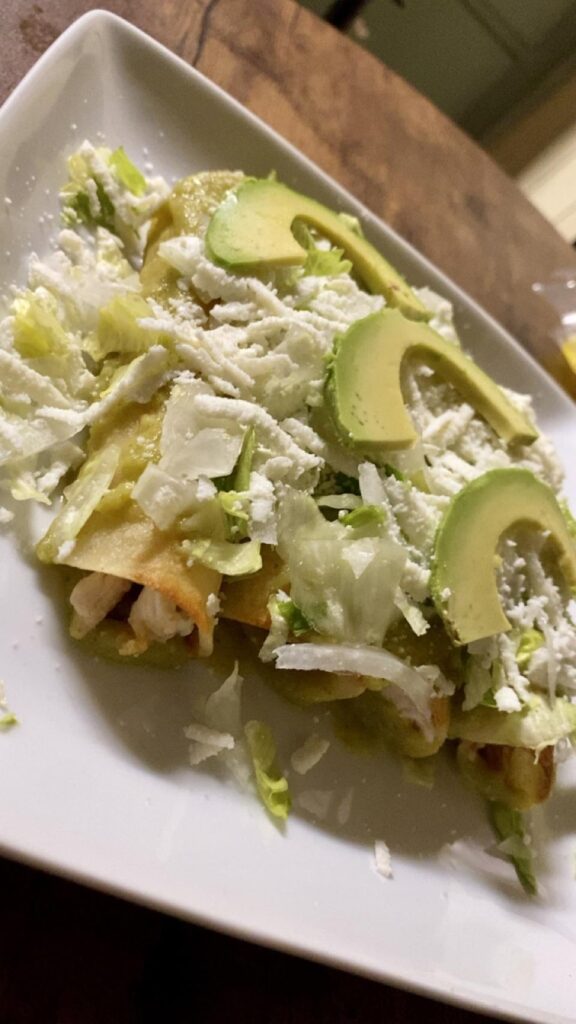 Enchiladas verdes followed by carlota de fresa