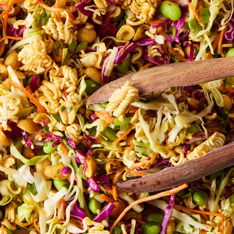 ramen noodle salad with edamame, purple cabbage, and peanuts