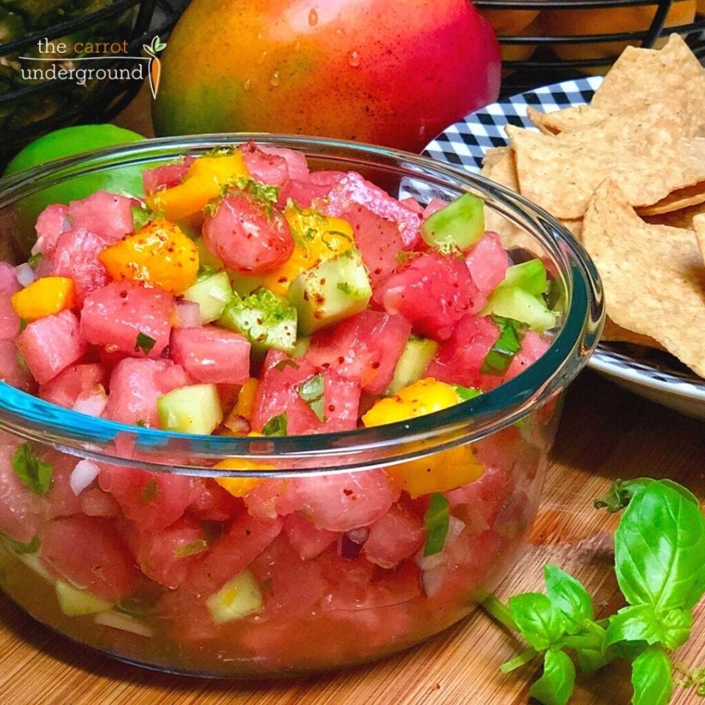 Watermelon Mango Pico de Gallo 🍉🌱🥭 sweet, zesty, & so refreshing!