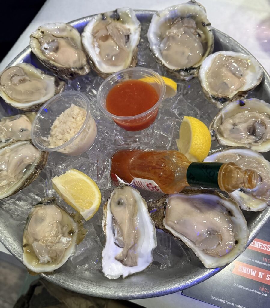 Oysters, clams, shrimp, lobster, snow crabs, corn, and potatoes