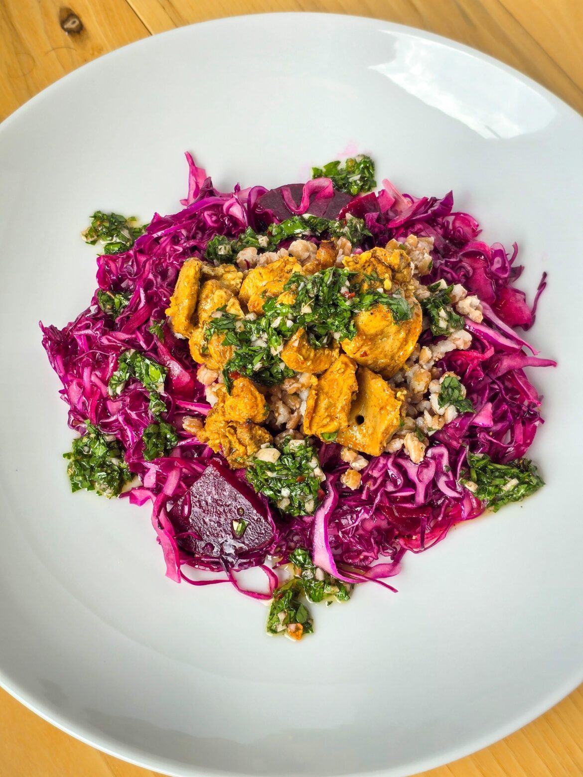 Red cabbage and beet salad with chicken kebabs