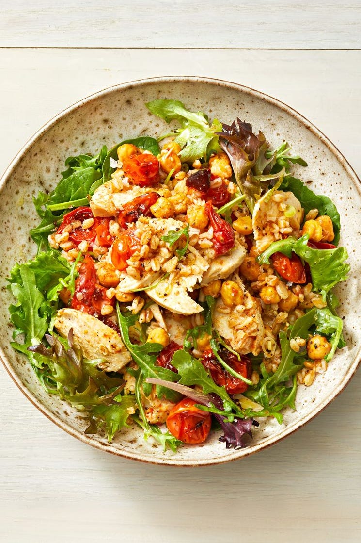 roasted chickpea, tomato and chicken salad bowl