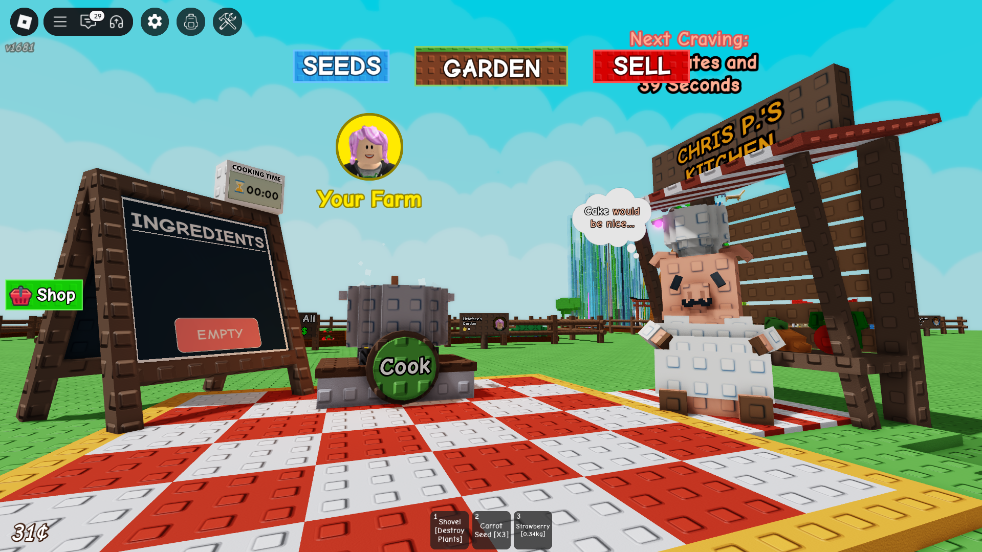 Chris P the chef sitting by the cooking station of grow a garden in Roblox