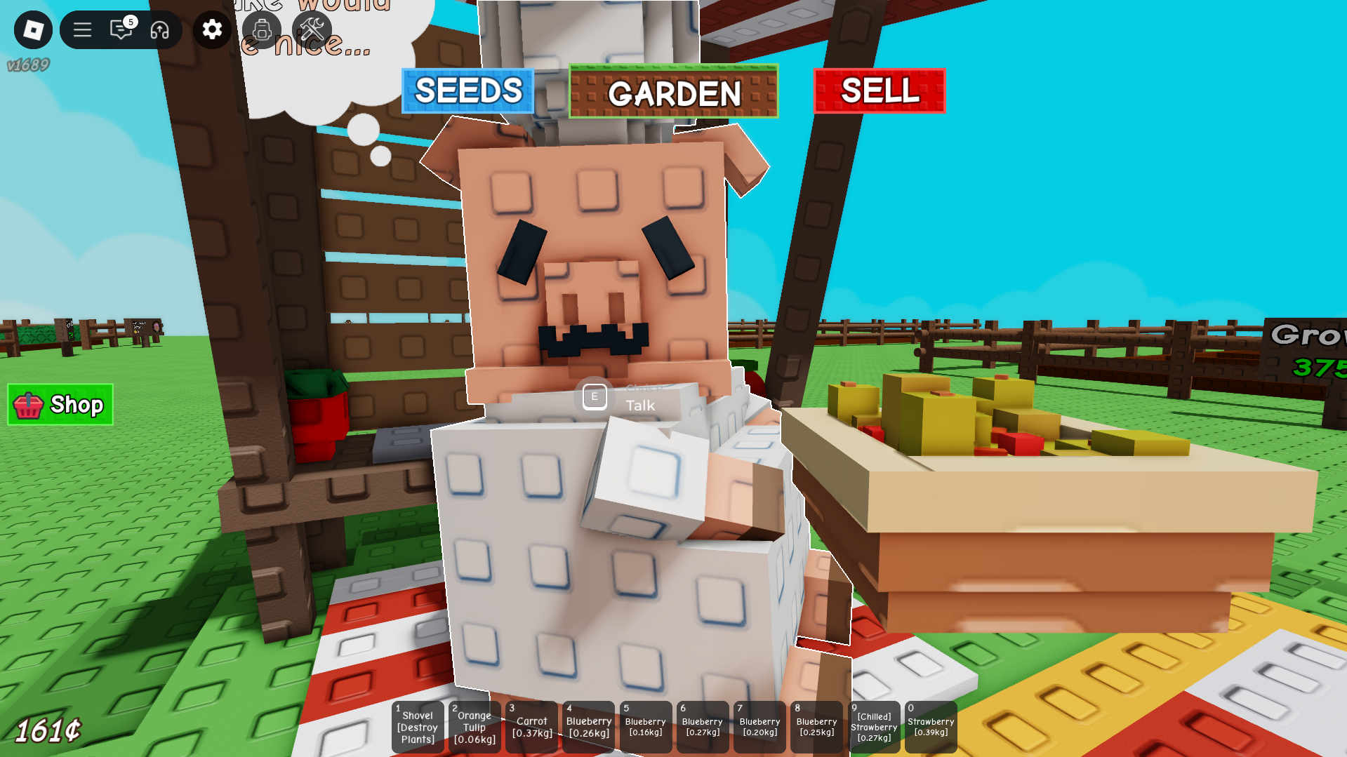 Player holding out a meal to Chris P. in the Roblox game Grow a Garden