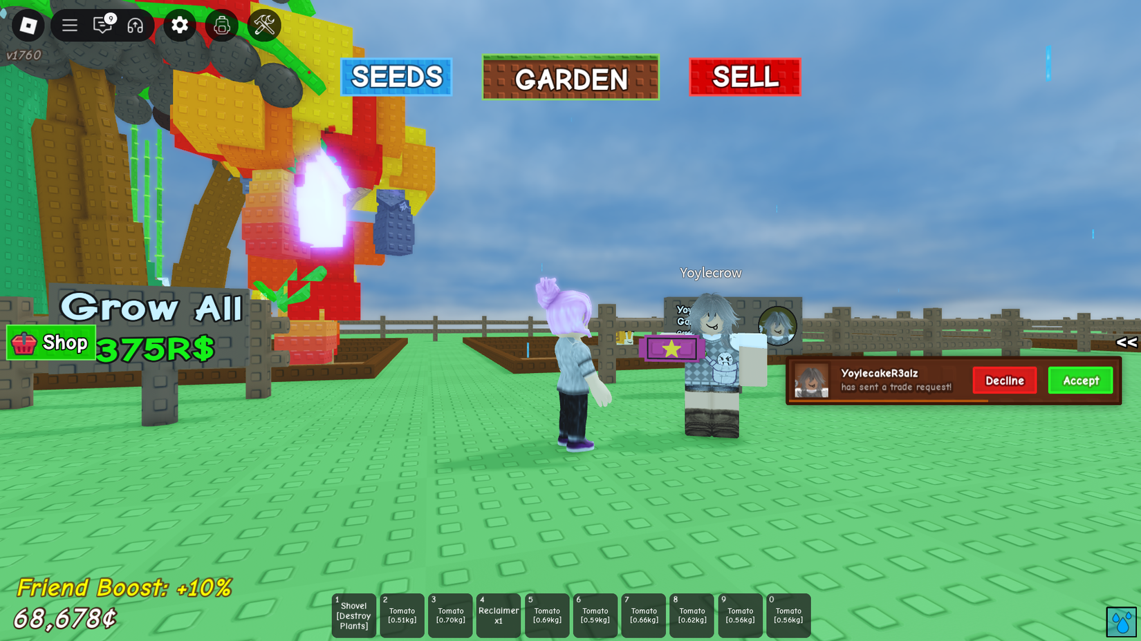 Grow a Garden Roblox player holding a trading ticket next to another player with a trade request initiated