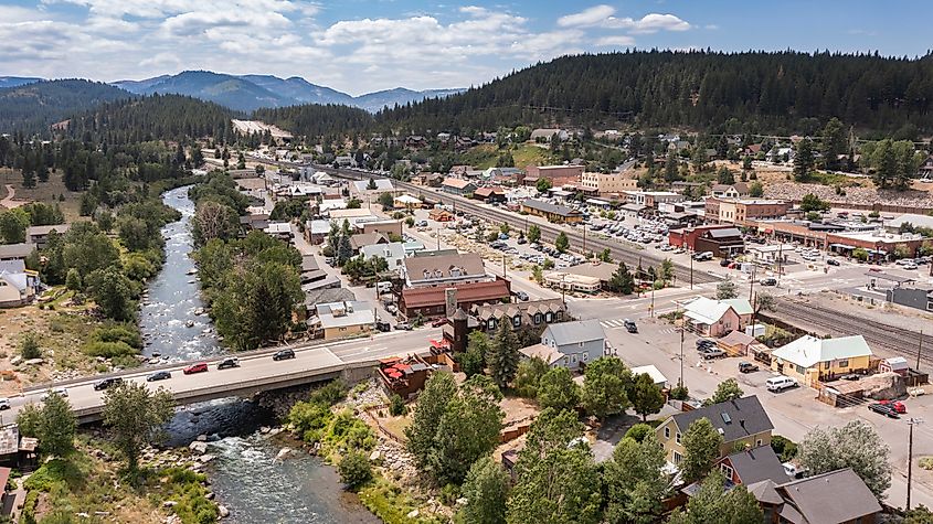 Afternoon sun shining on the historic Gold Rush-era architecture of downtown Truckee, California.
