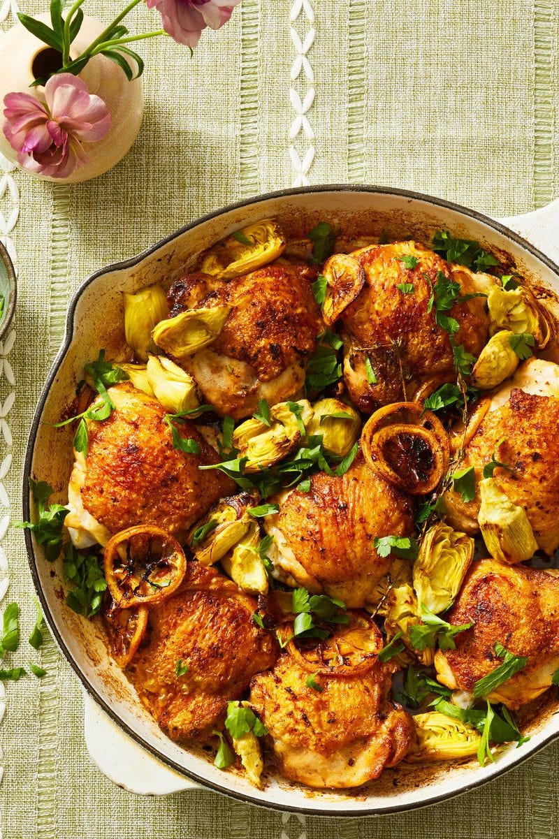 lemon chicken and artichokes in a skillet