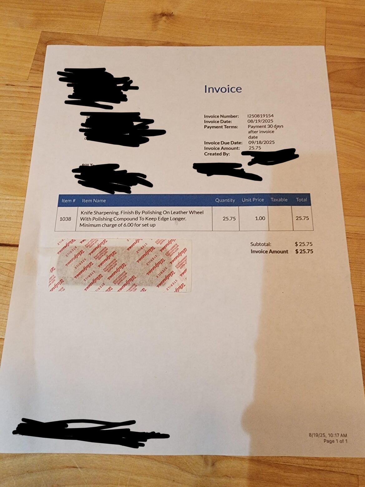 My knife guy tapes Band-Aids to his invoices.