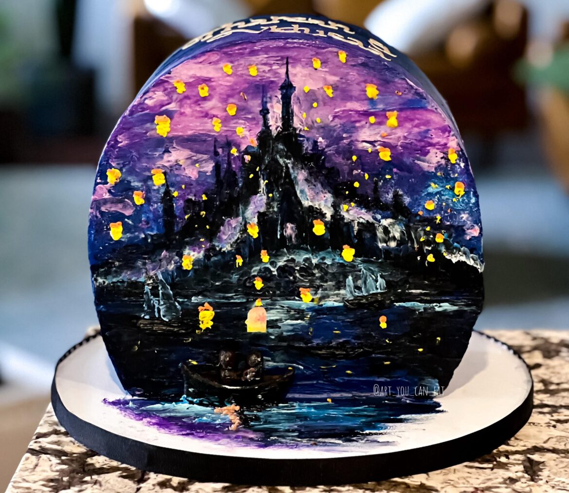 Tangled themed buttercream art. Engagement cake